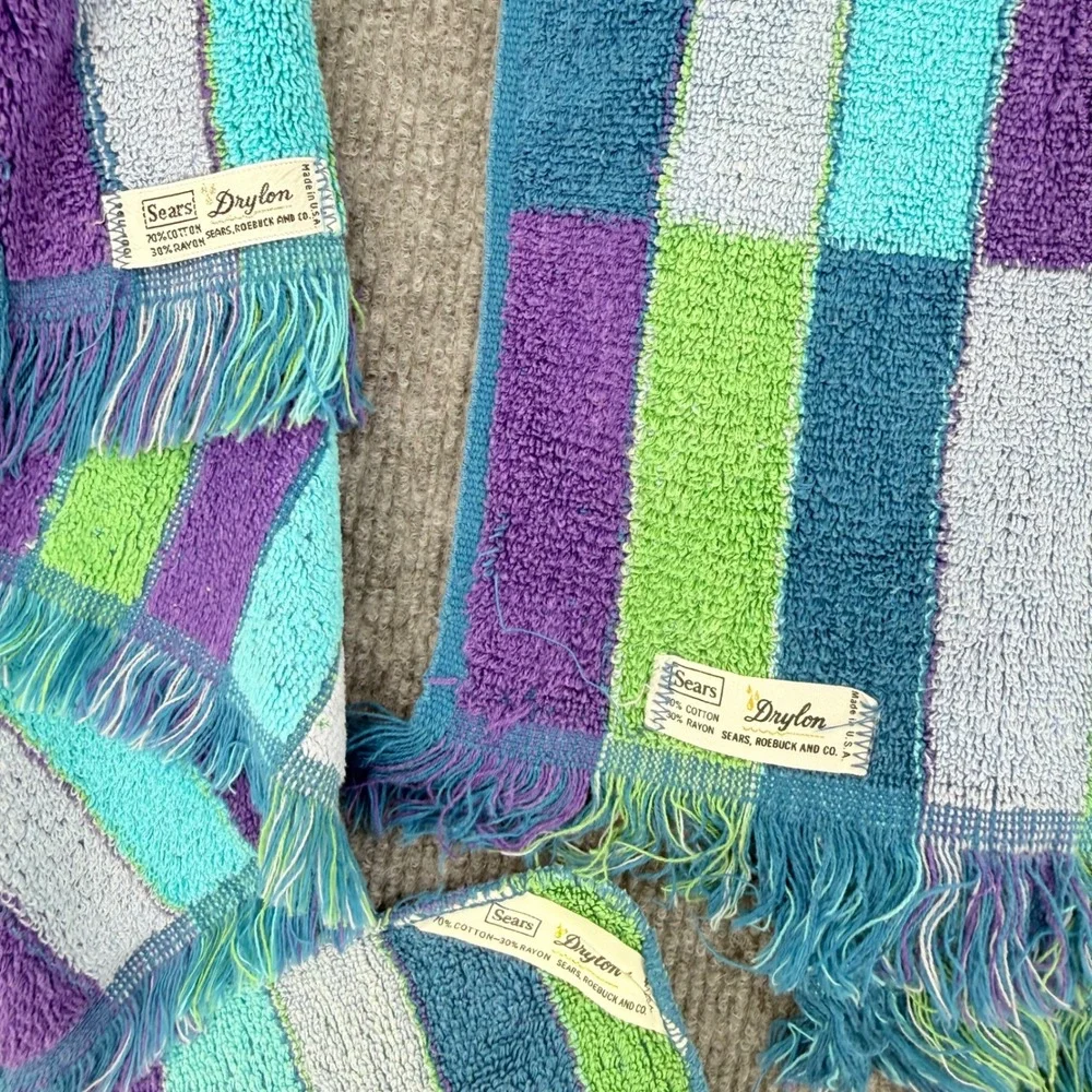 Vintage Sears Drylon 3 Piece Towel Set Blue Purple Green Geometric Fringe MCM